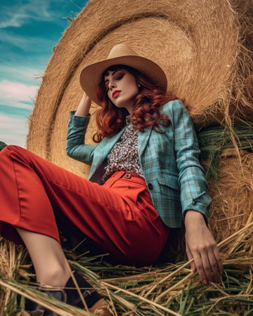 Romantic girl with red lips posing with eyes closed near sparkle ball Outdoor shot of pensive woman in straw hat : Generative AIの素材