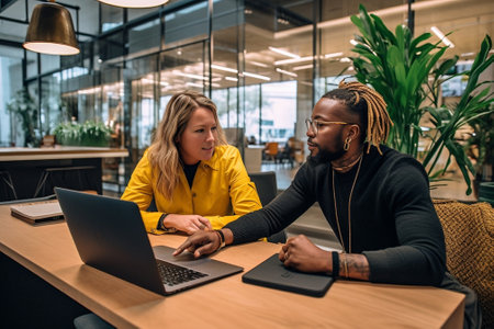 Young woman with long blonde hair listening african man in blue shirt which using laptop Indoor portrait of black and asian office workers talking during conference : Generative AIの素材