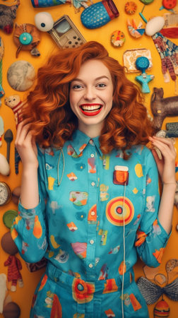 Redhaired lady in denim sundress and multicolored sweatshirt laughs on orange background : Generative AIの素材