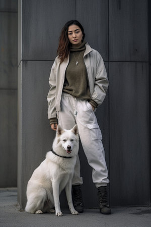 Pretty caucasian lady in white jacket kissing her husky dog during walk in winter day Attractive young woman wears ripped jeans playing with pet in snowy morning : Generative AIの素材