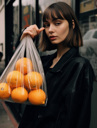 Pretty young caucasian woman checks orange for ripeness standing at grocery market Brunette wears casual clothes and shopping bag with her Concept natural products : Generative AIの素材