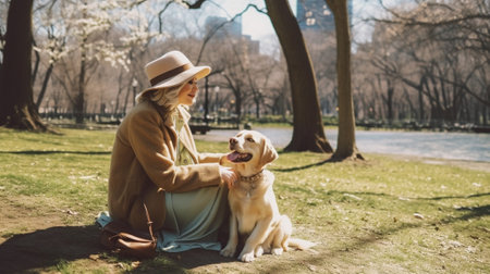 Young blonde woman smiling at her dog Pretty girl sharing good moments with a pet in the park : Generative AIの素材