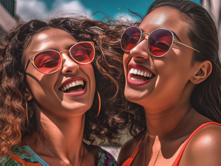 Young spectacular models vigorously pose for portrait in studio Tanned sisters embrace and laugh in unusual glasses : Generative AIの素材