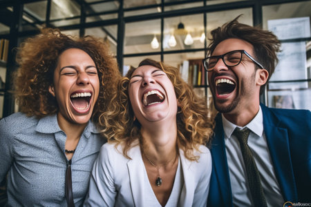 Young international office workers posing together and laughing during break Indoor portrait of excited european blonde girl in glasses having fun with colleagues : Generative AIの素材
