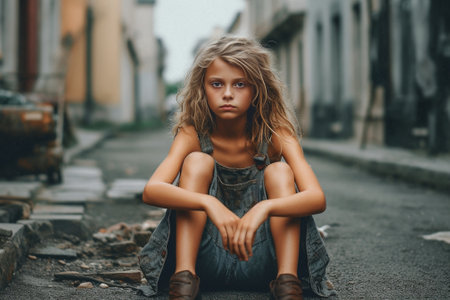 Sad girl with lightbrown hair is about to cry sitting on blanket beside alley Outdoor portrait of unhappy child looking up with eyes full of tears in park : Generative AIの素材