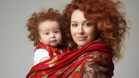 Relaxed kid with curly hair embracing mother on nature background Stunning woman in red dress fooling around in park with daughter : Generative AIの素材