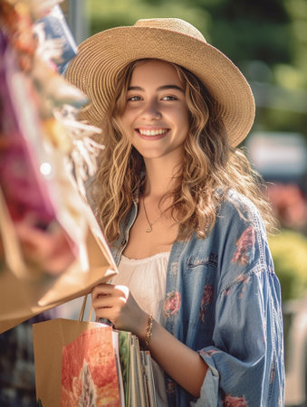 Pretty glamorous girl touching her straw hat Studio portrait of joyful young woman with summer bag : Generative AIの素材