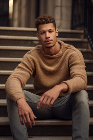 Stylish young african guy posing for camera sitting outdoors in city Brunette man with stubble wears casual clothes Relaxation concept : Generative AIの素材