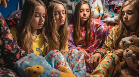 Pleased white girls posing in kigurumi Indoor photo of spectacular young women in pajama : Generative AIの素材