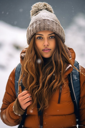 Closeup portrait beautiful girl with long hair and snow white smile with knitted hat on wooden background She wears warm sweater speaking on phone smiling to side : Generative AIの素材