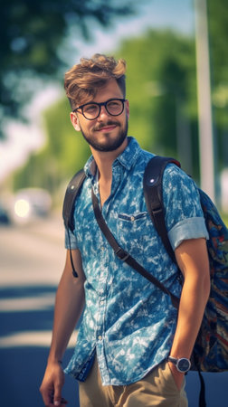 Charming brunette man in black pants denim jacket and sunglasses smiles widely Happy guy poses outside with brown backpack : Generative AIの素材