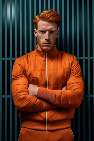 Modern man with ginger beard in orange cool sweatshirt looking into camera and crossing his arms on isolated background : Generative AIの素材