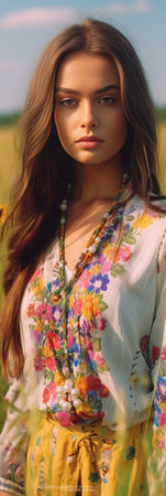 Stylish young caucasian woman uses smartphone on background of landscape of flowering plants Brunette wears casual clothes in summer Technology concept : Generative AIの素材