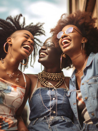 Dreamy goodlooking african girl enjoying leisure time with excited friends Indoor fulllength portrait of tanned ladies in casual clothes fooling around in weekend photosh : Generative AIの素材