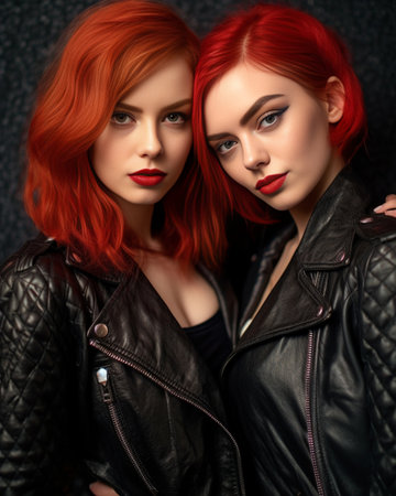Fulllength two young caucasian girls eyes closed are sitting in studio with heads on top of each other Brunette and the redhead are wearing black and red suits Peoples em : Generative AIの素材