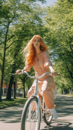 Smiling graceful woman resting in park in summer Outdoor shot of winsome female model with red bicycle : Generative AIの素材