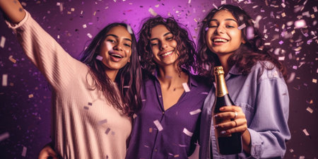 Three cute young interracial girls in good mood celebrate new year with champagne on white background Blonde brunette and redhead wear sparkly dresses Event concept : Generative AIの素材