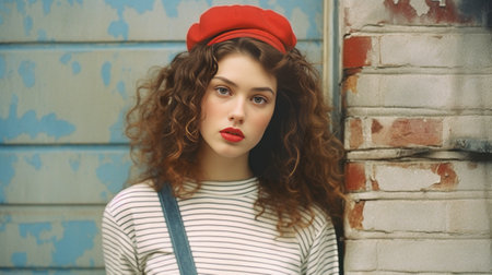 Woman looks dissatisfied after opening red box Sad girl with curly hair in red beret and denim skirt with belt posing on isolated background : Generative AIの素材