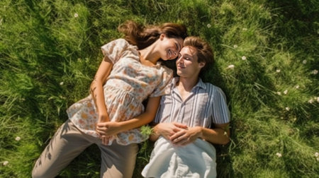 Romantic couple of young people lying on grass in park They lay on the shoulders of each other and hold hands together They look happy View from above : Generative AIの素材