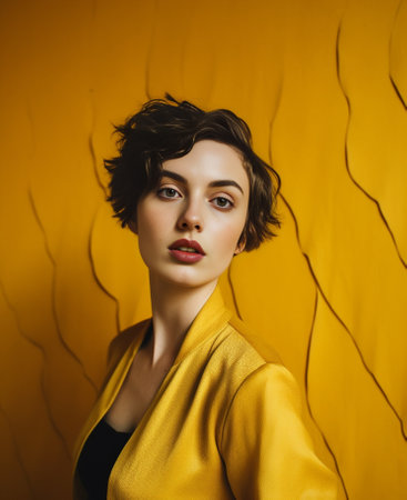 Closeup portrait of carefree white girl plays with short wavy hair Photo of elegant european woman with black tattoo isolated on yellow background : Generative AIの素材