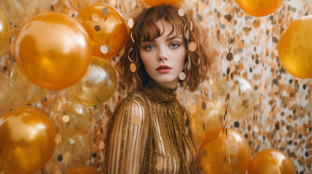 Browneyed and blueeyed women look into camera with smiles and pose on golden background with balloons : Generative AIの素材