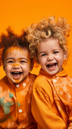 Glad tanned girls sitting on the floor with cheerful face expression Appealing sisters with curly hair posing on orange background : Generative AIの素材