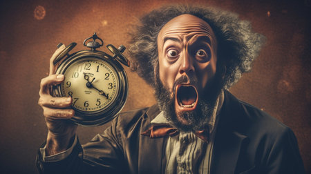 Scared cool guy with ginger beard and brown hair in stylish light outfit holding big alarm clock on isolated background : Generative AIの素材