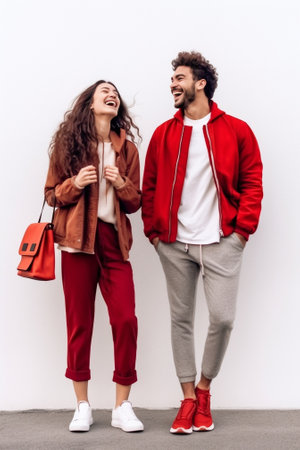 Cheerful young woman with brunette hair in red dress and black shoes smiling and posing with curly friend in dark clothes : Generative AIの素材