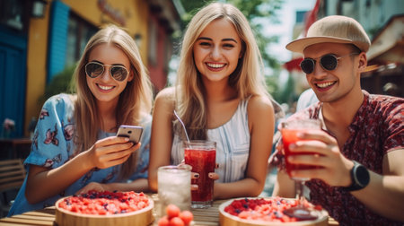 Cute young caucasian girlfriends eating salad and strawberries spending time outdoors Blonde is looking into camera wearing casual clothes Healthy lunch concept : Generative AIの素材