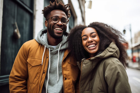 Cheerful young african guy and girl communicate on educational topics standing outdoors Brunette students wear casual clothes and backpack Modern lifestyle : Generative AIの素材