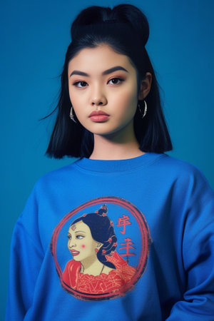 Bright gorgeous asian lady with dark hair and beautiful makeup in fluffy red sweater blowing kiss and taking selfie on blue backdrop : Generative AIの素材