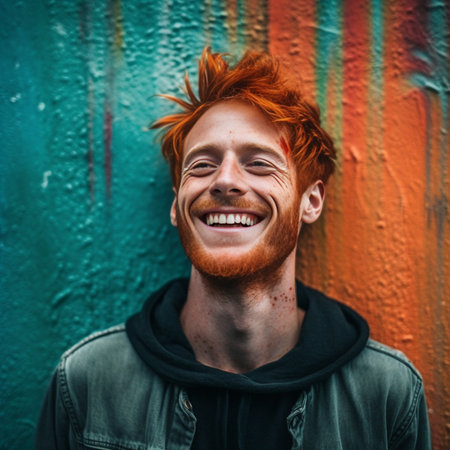 Joyful man with stylish hairstyle and red beard in orange cool outfit smiling and looking into camera on blue background : Generative AIの素材