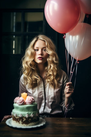 Front view of shocked blonde woman with bottle of wine Indoor portrait of birthday girl with champagne and balloons : Generative AIの素材