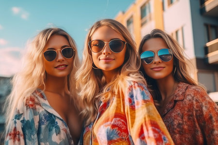 Cheerful young caucasian girls posing looking at camera spending time outdoors on warm day Teenagers wear sunglasses casual wear in summer People emotions lifestyle conce : Generative AIの素材