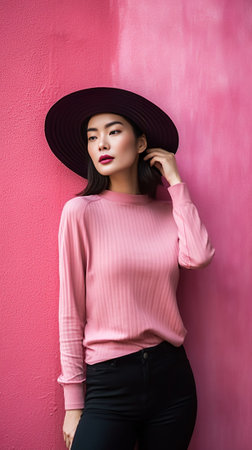 Slim graceful curly girl with lovely face expression posing holding vintage hat isolated on pink wall Adorable young woman in velvet clothes standing with green exotic pl : Generative AIの素材