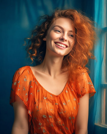 Charming girl in vntage dress posing with gently smile on orange background Indoor photo of pretty female model with wavy ginger hair : Generative AIの素材