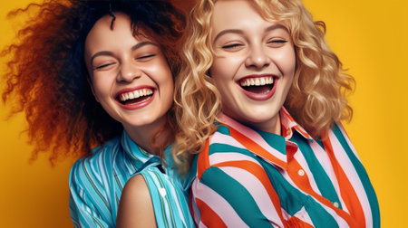 Ecstatic friends embracing on blue background Studio shot of cheerful girls looking at camera : Generative AIの素材
