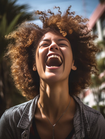 Curly woman posing outside and laughing : Generative AIの素材