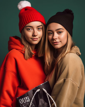 Attractive two women with brunette modern hairstyle in fashionable cool clothes holding red gift boxes and looking into camera : Generative AIの素材