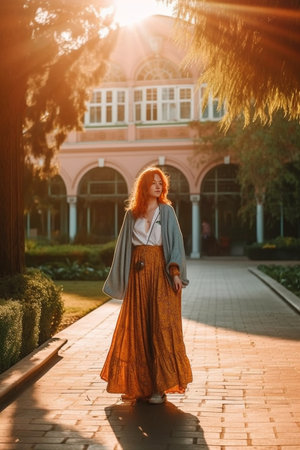 Lifestyle portrait of young longhaired girl posing at sunny day outdoors Cute ginger in light clothes moving against columns background : Generative AIの素材