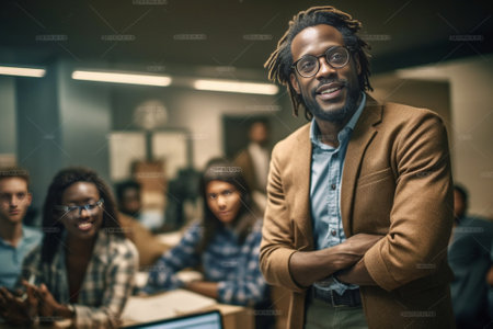 Enthusiastic female african student enjoying company with friends in lecture hall Indoor portrait of smiling black office worker posing with arms crossed in front of fore : Generative AIの素材