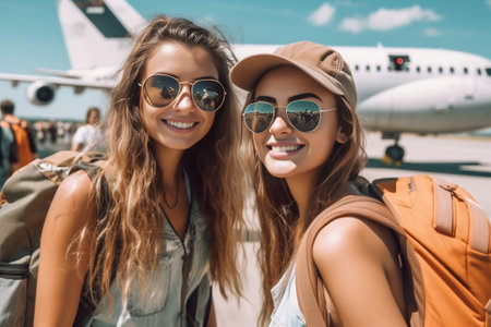 Blonde girl in plaid shirt and guy in white teeshirt laugh near airport Man holds retro camera Travelers in sunglasses poses with backpacks : Generative AIの素材