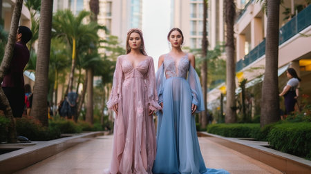 Portrait of two girls posing near outdoor pool at exotic resort Photo of graceful ladies in dresses standing on nature background : Generative AIの素材