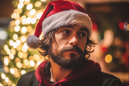 Brunette man in good mood posing in new year day on red background Wonderful guy with beard standing near white christmas tree decorated with balls : Generative AIの素材