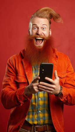 Cheerful charming bearded men in stylish orange jacket and checkered shirt smile and hold phone on isolated blue background : Generative AIの素材