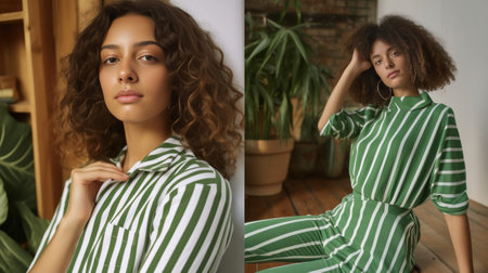 Lovely modern woman with brunette hair and bandana in striped white and green pajamas blowing kiss and looking into camera : Generative AIの素材