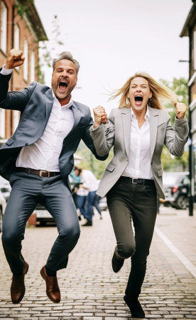 Fashionable caucasian lady in wristwatch an ripped jeans fooling around in park with boyfriend Pleased young man wears formal white shirt enjoying weekend with laughing w : Generative AIの素材