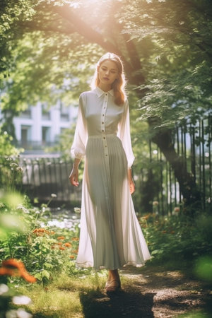 Slim girl in beautiful long dress walking in park in sunny day and drinking yummy cocktail with smile Portrait of elegant young woman with white backpack spending time ou : Generative AIの素材