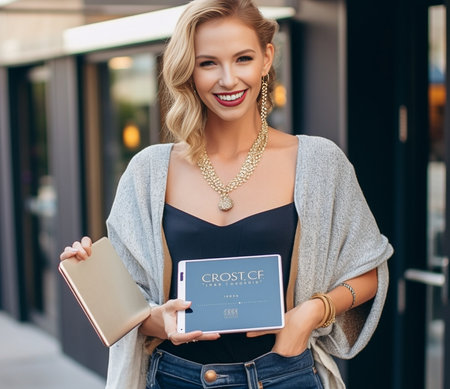 Positive young caucasian woman negotiating using smartphone outdoors during daytime Blonde holds tablet wears shirt and jeans Concept of wireless devices : Generative AIの素材