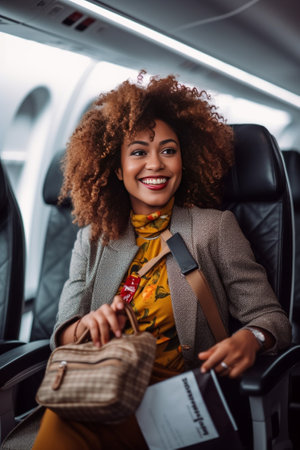 Cheerful curly girl in retro black dress resting after packing suitcase for upcoming travel Spectacular woman throwing out sparkle confetti sitting on luggage with smile : Generative AIの素材